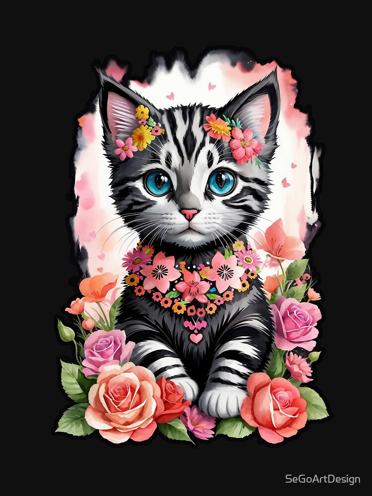 Cute Cat With Flowers Dia De Muertos by SeGoArtDesign