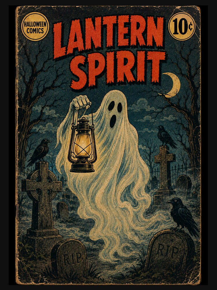 Vintage Halloween Cover Art: Spooky Ghost Graveyard Lantern by bapupa
