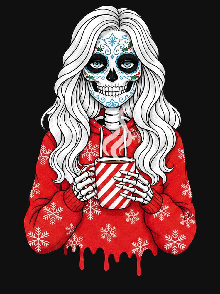 Skeleton Christmas Coffee Girl | Cute Gothic Winter Sugar Skull Art by ColorSplash123