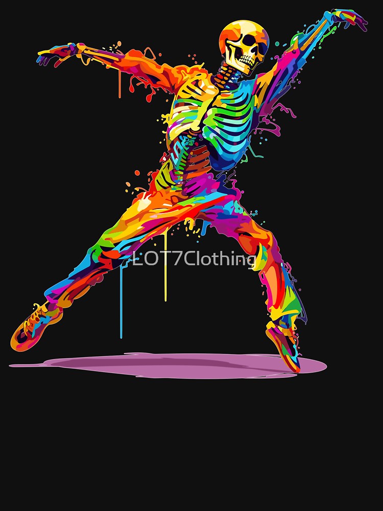Dancing Skeleton Rainbow Funny Halloween Colorful Splash Art by LOT7Clothing
