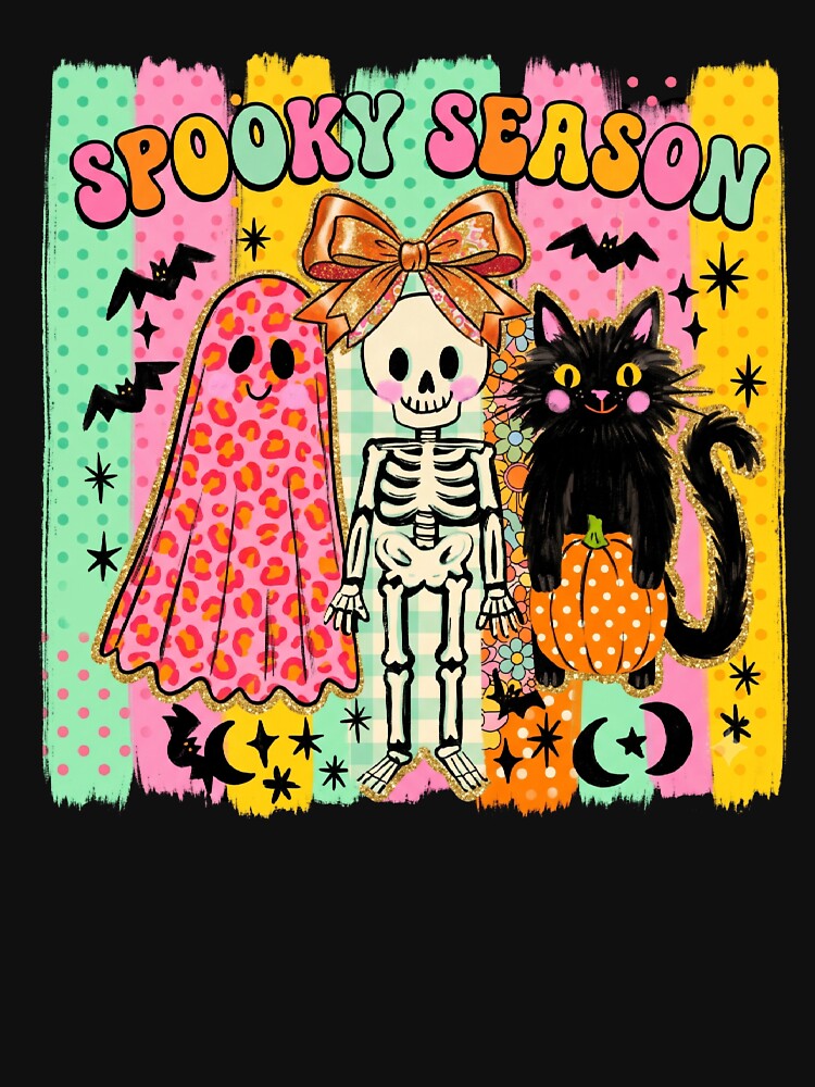 Spooky Season Retro Ghost, Cute Skeleton Black Cat, Groovy Halloween Art by Keingdesign
