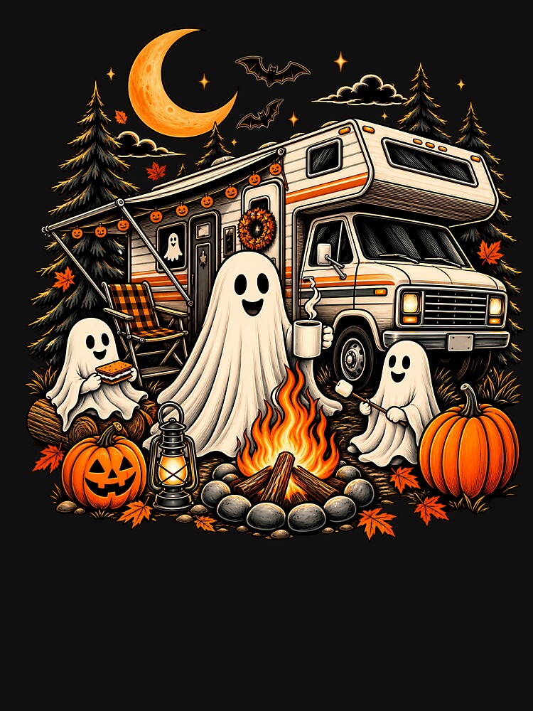 Halloween Camping Ghosts – Cute Spooky RV Camper Fall Campfire Design by PosiMCreations