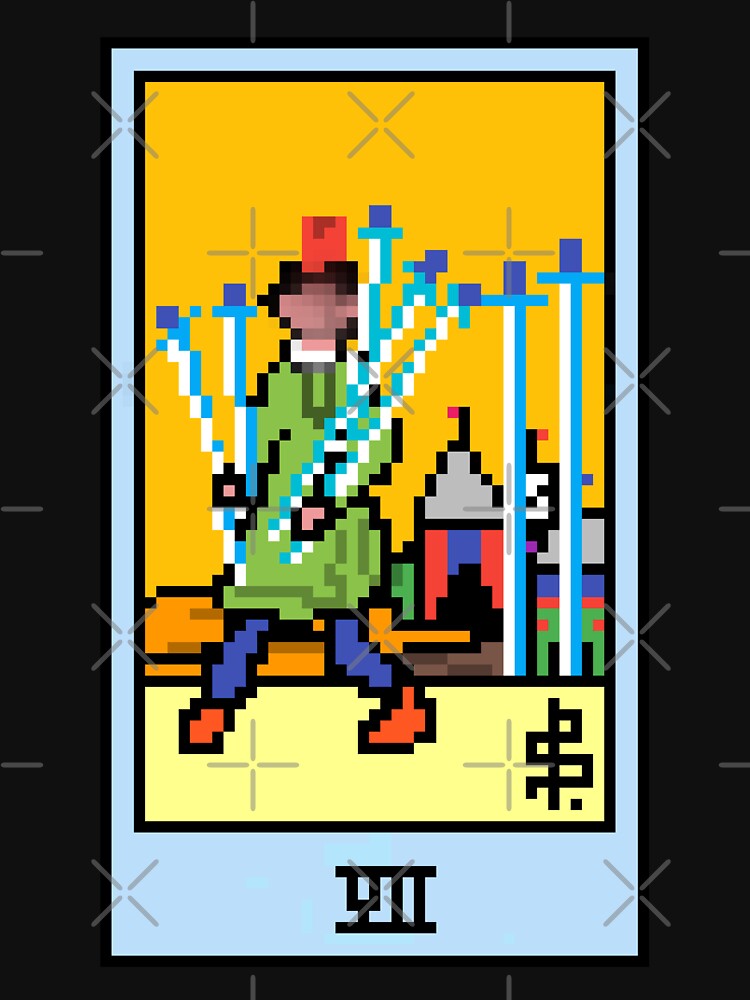 Wait, is this pixel art tarot? Black - Minor Arcana 'Seven of Swords' (Design for T-shirt, stickers and other accessories) by Pixel Waite