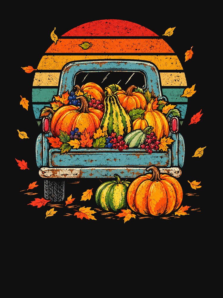 Retro Autumn Pumpkin Harvest Vintage Pickup Truck by Moizento