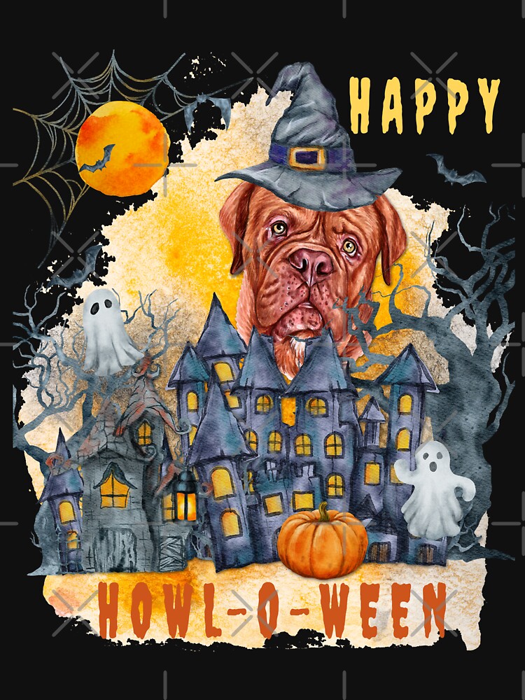 French Mastiff Happy Howl-o-ween Ghost Houses Funny Watercolor by Cuddlythopia