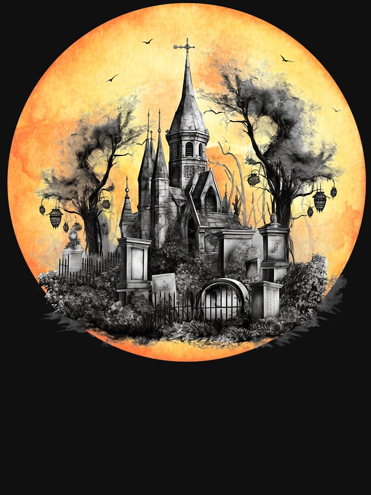 haunted house, yellow moon haunted cemetery by Janetlousart