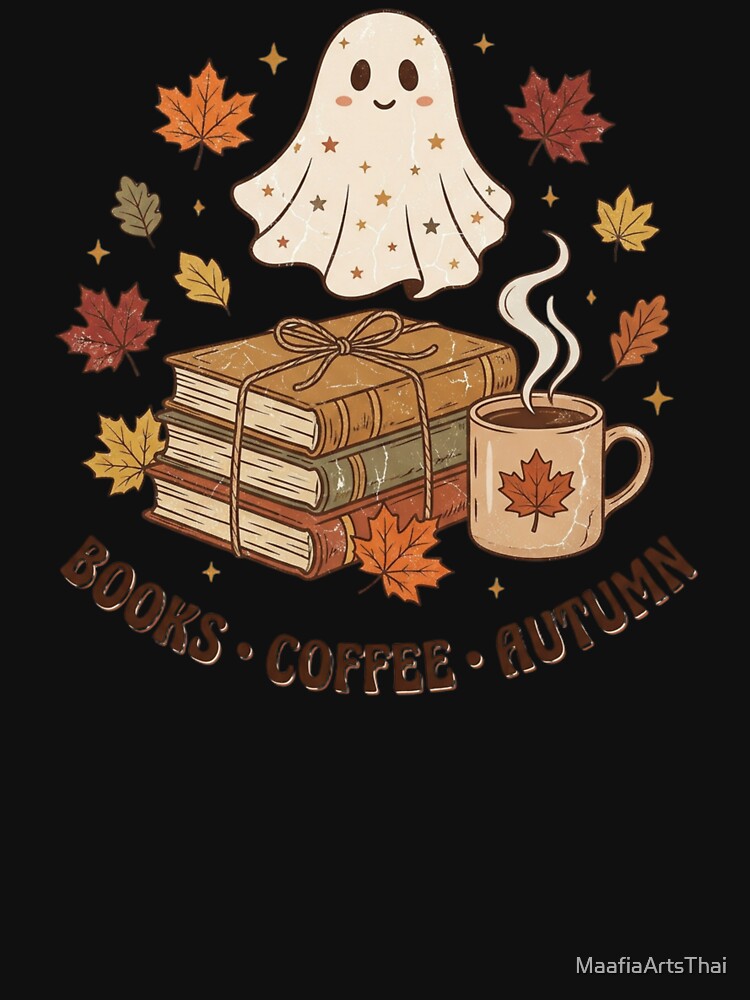 Cute Ghost Books Coffee Autumn - Cozy Fall Reading Aesthetic by MaafiaArtsThai
