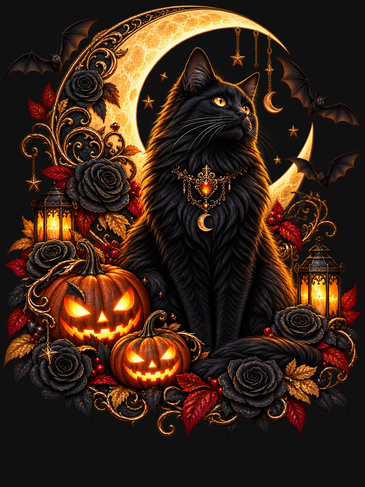 Gothic Black Cat Under the Crescent Moon – Pumpkins & Moody Roses by Clothes With Smiling Animals Walt Gral