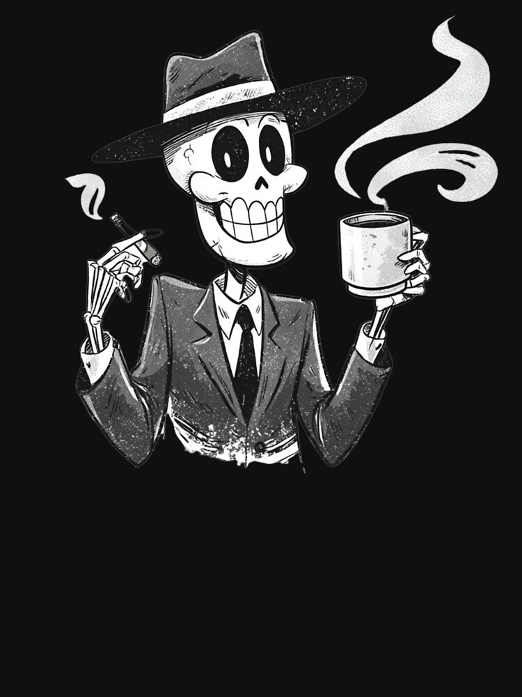 Smoking Skeleton with Coffee – Retro Noir Cartoon Art by EchoVisions