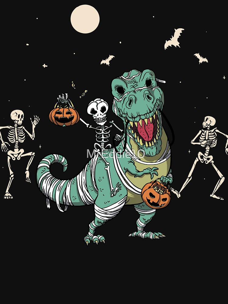 T-rex With Dancing Skeletons And Pumpkins Halloween by MrEddie10