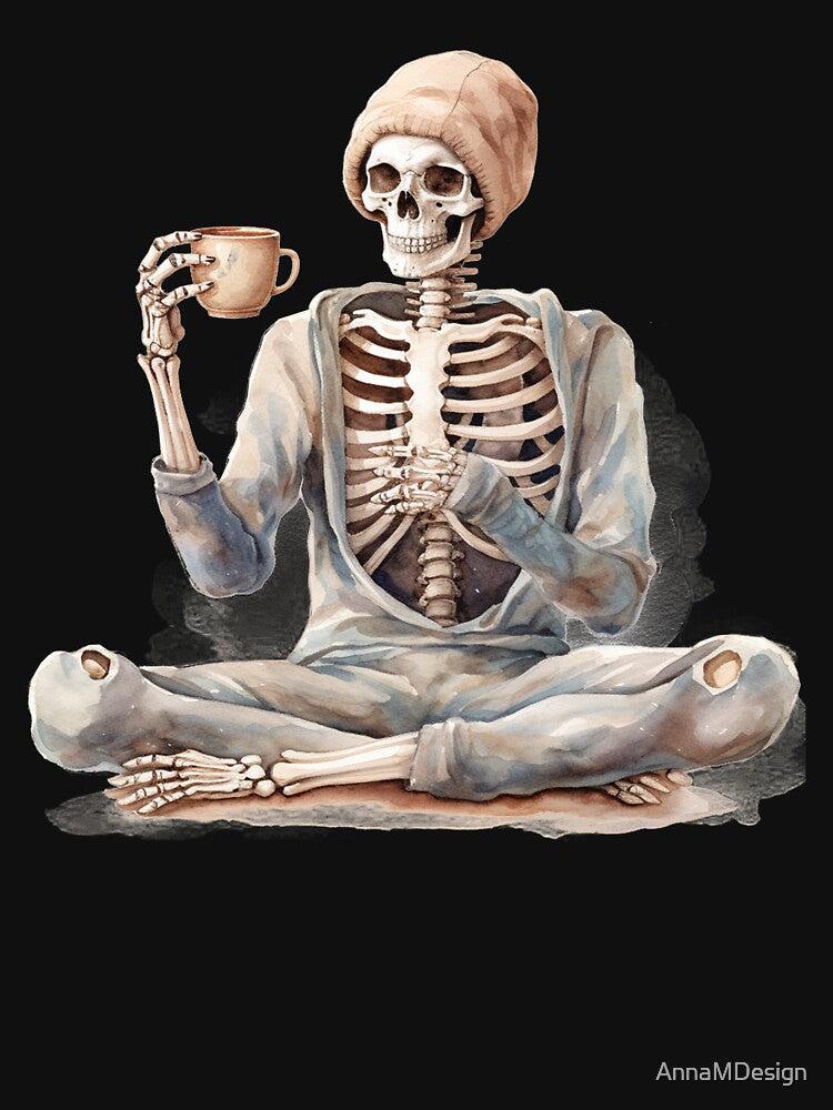 Halloween Skeleton Drinking Coffee Yoga Pose Watercolor Style by AnnaMDesign