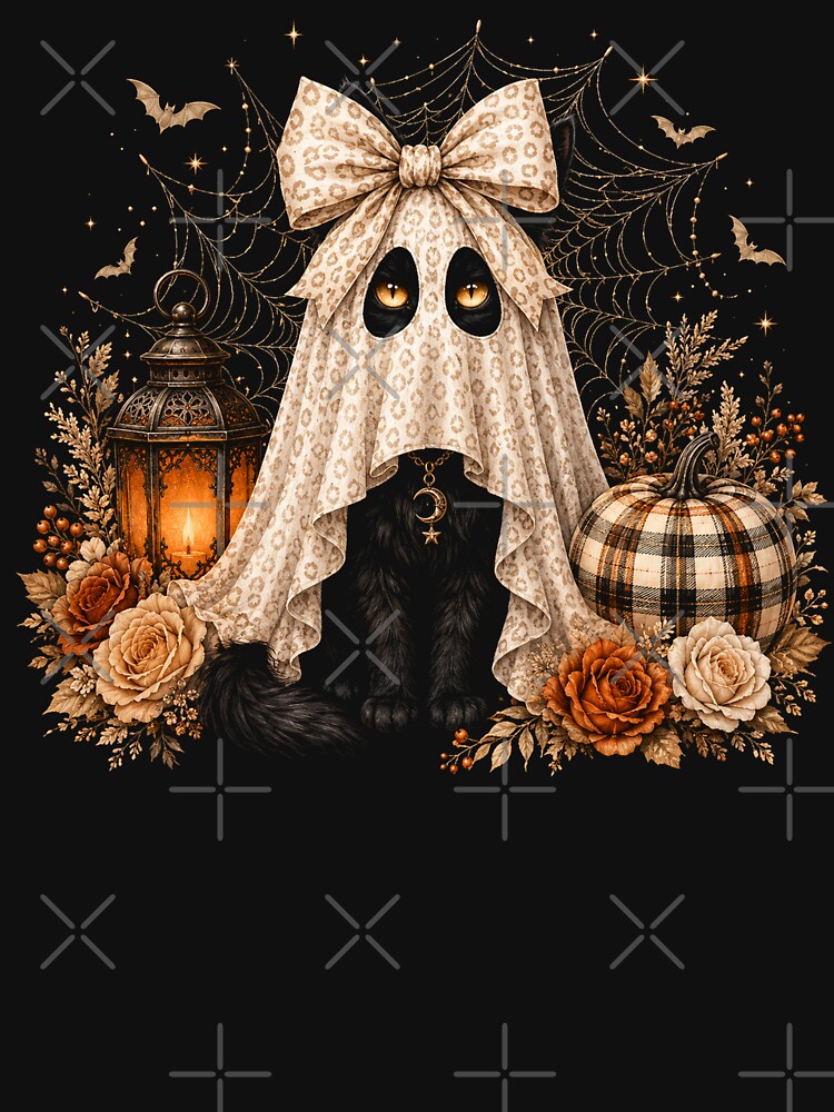 Black Cat Ghost Halloween Leopard Bow Spooky Autumn by will freed18