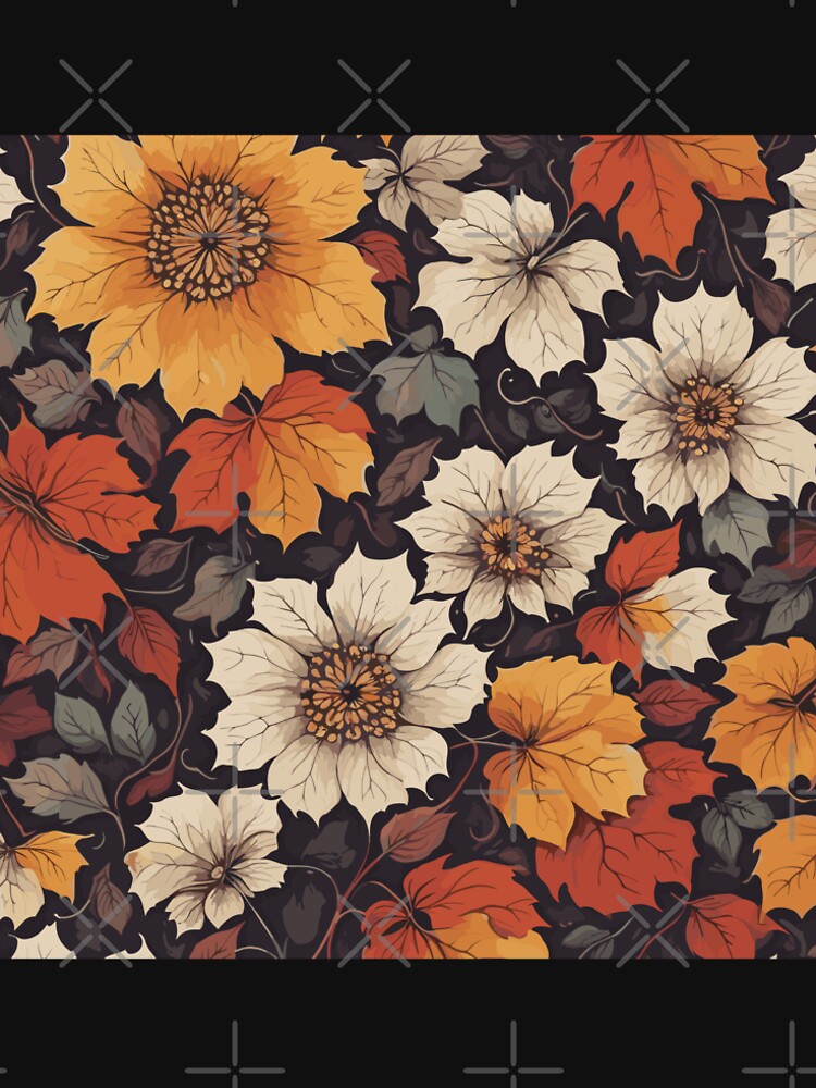 Fall Flower and Leaves Pattern On Black by GraphicsClub