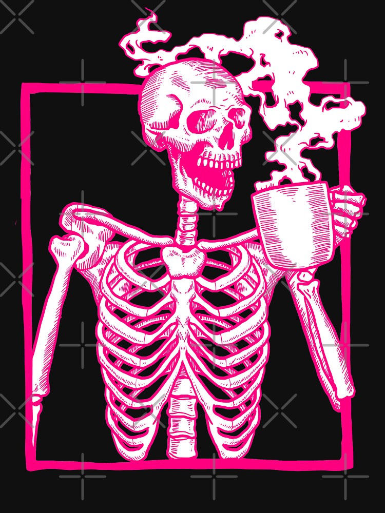halloween skeleton drinking coffee pink by Gossip Rag