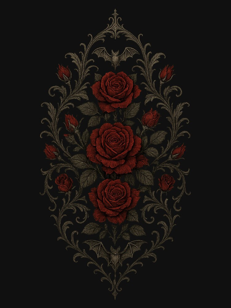Gothic Red Roses and Bats – Victorian Floral Emblem by Mouraludia
