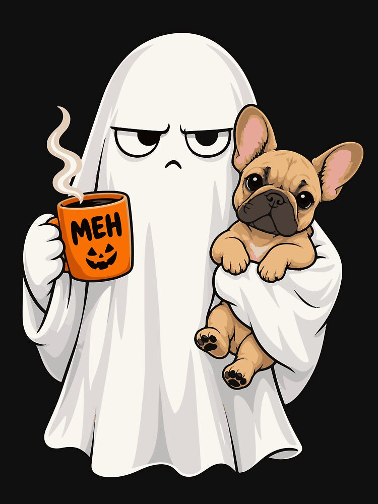 Grumpy Ghost Holding French Bulldog Coffee Meh Halloween by Whirx