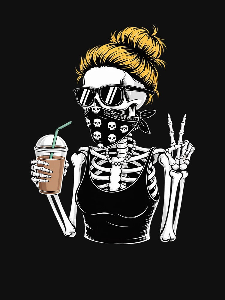 Skeleton Girl Drinking Coffee Peace Sign by NetoGalaxy