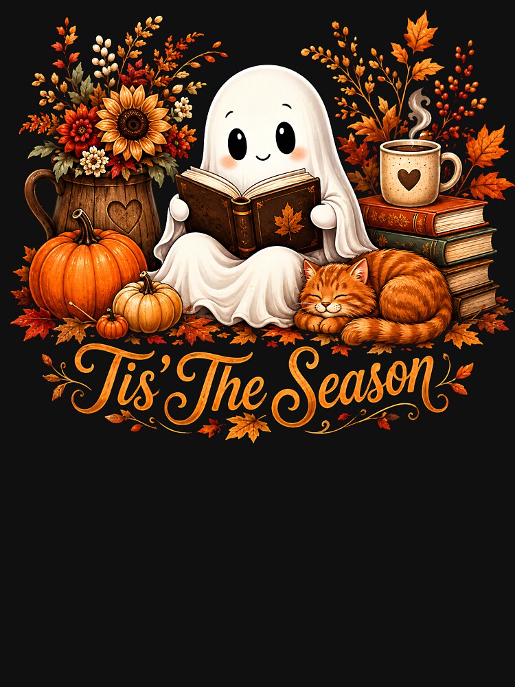 Cozy Autumn Ghost Reading Cat Pumpkin Fall Design by Artbyrome