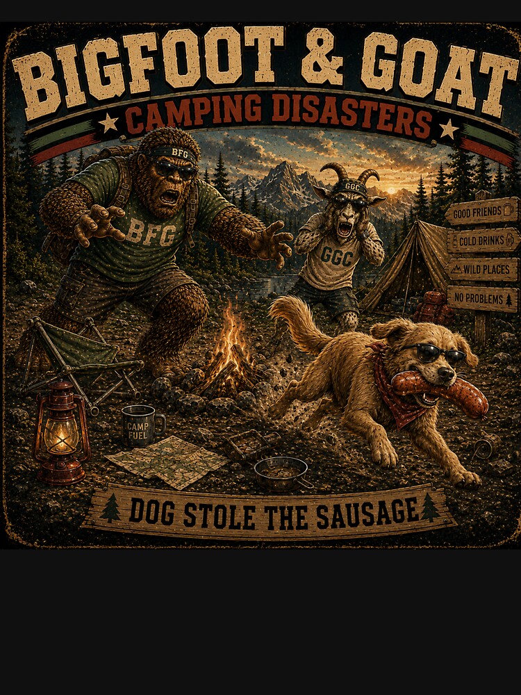 Bigfoot And Goat Dog Stole The Sausage Funny Camping Disaster by NicheBloom