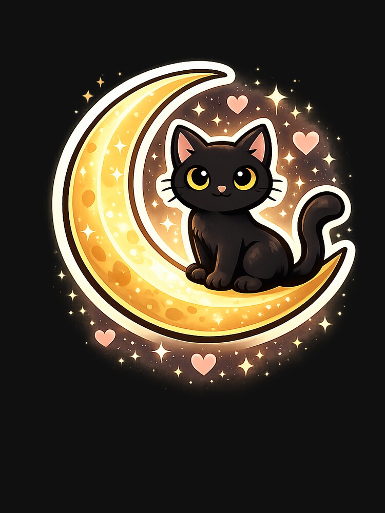 Mystical Black Cat on Crescent Moon Romantic Celestial Aesthetic Design by Sadia  Jannat