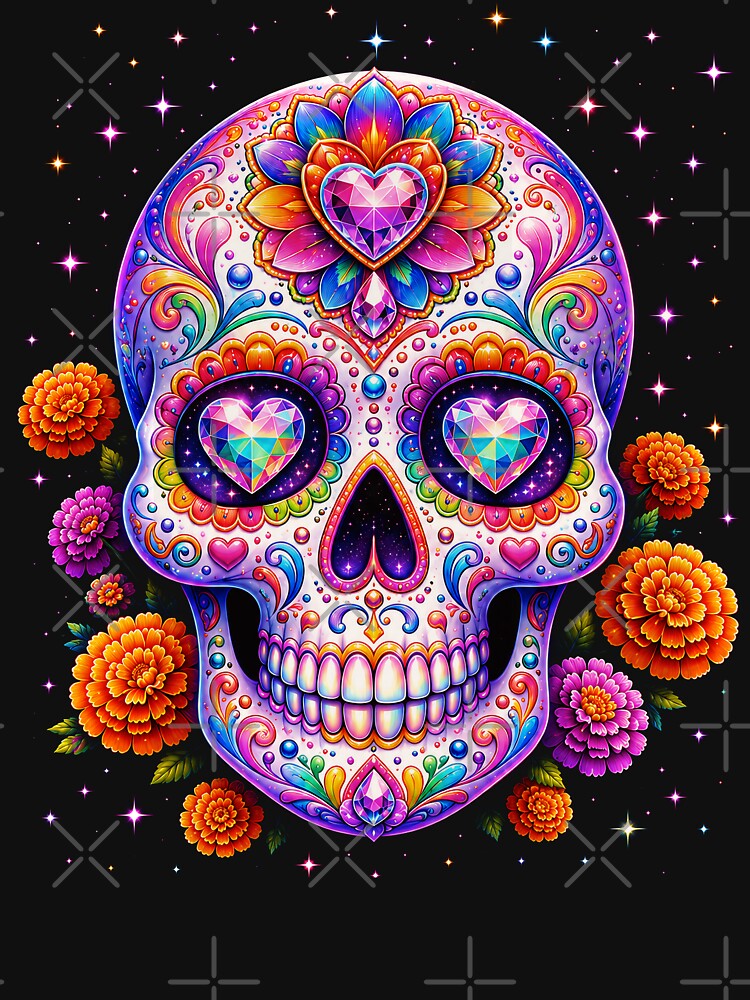 Rainbow Sugar Skull with Jeweled Hearts by Victor Shadehorn