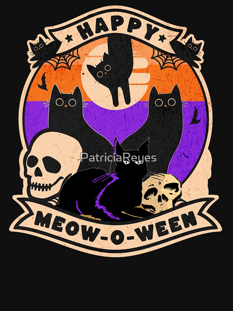 Happy Halloween  with cats and skulls on a retro sunset by PatriciaReyes