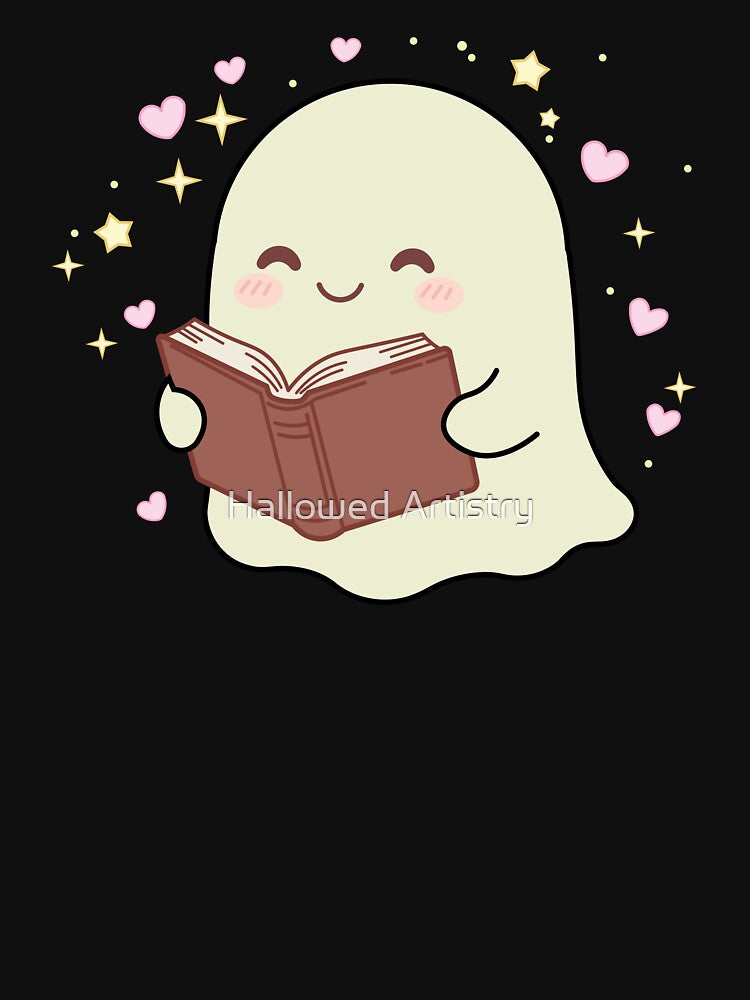 Cute Kawaii Ghost Reading a Book Magic Stars Hearts by Hallowed Artistry