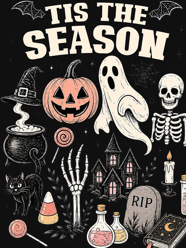Vintage Halloween Tee Skeleton Pumpkin Ghost Tis The Season Retro Spooky Season Shirt by LessIsLoud