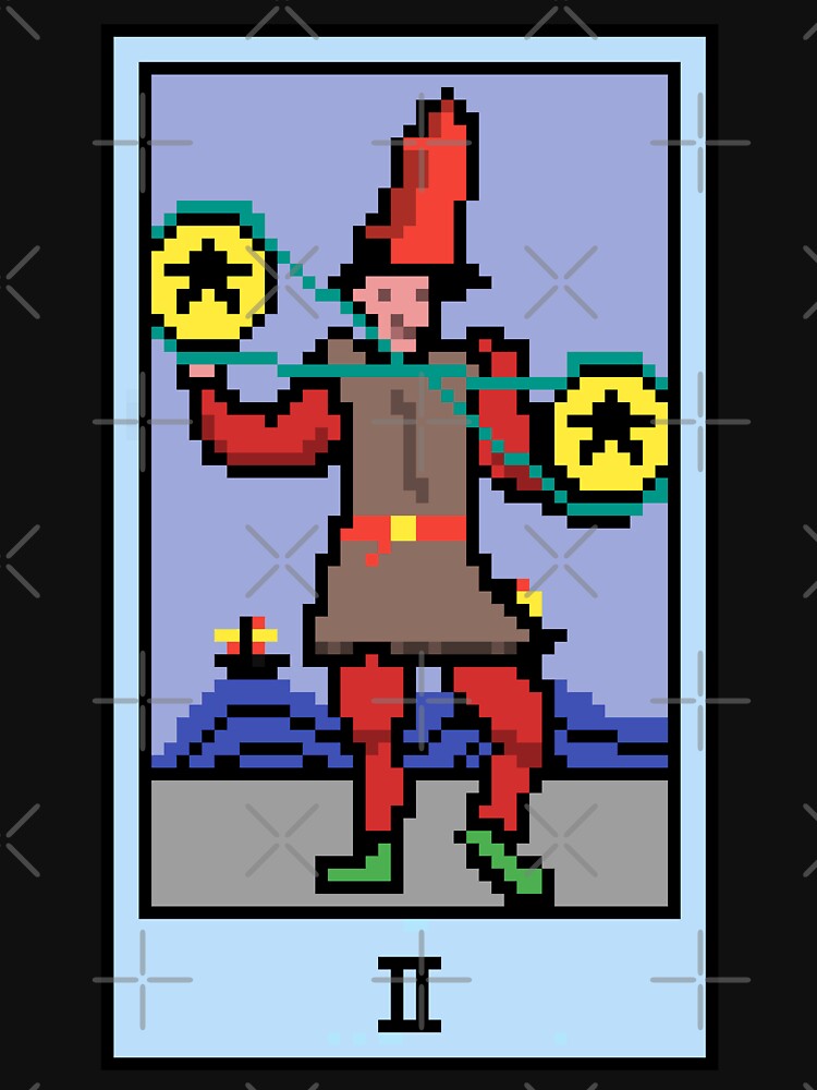 Wait, is this pixel art tarot? Black - Minor Arcana 'Two of Pentacles' (Design for T-shirt, stickers and other accessories) by Pixel Waite