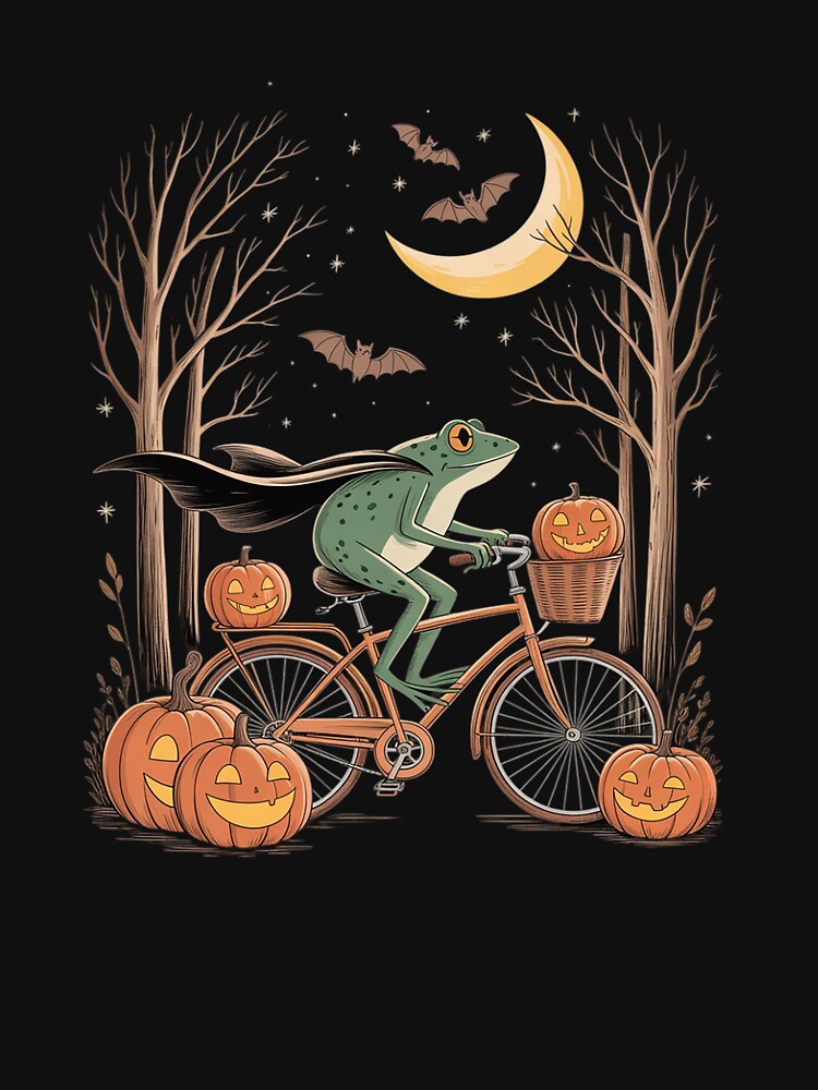 Halloween Frog Riding Bicycle Spooky Pumpkin by Sandrhaus