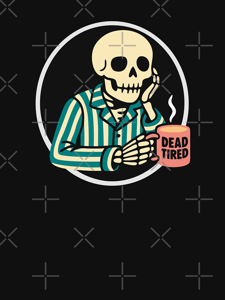 Skeleton Morning Coffee - Skull in Blue Striped Pajamas with Coffee Cup by charlypicazo