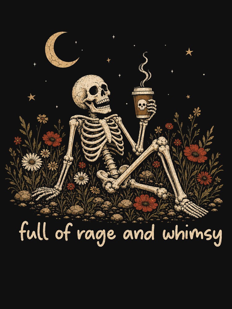 Full of Rage and Whimsy Skeleton Coffee Vintage Gothic Tee by Clairenity Studio