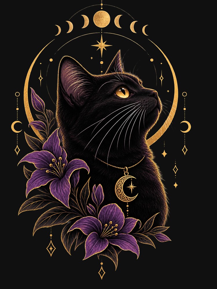 Mystical Black Cat Purple Flowers Moon Magic by PopNInk