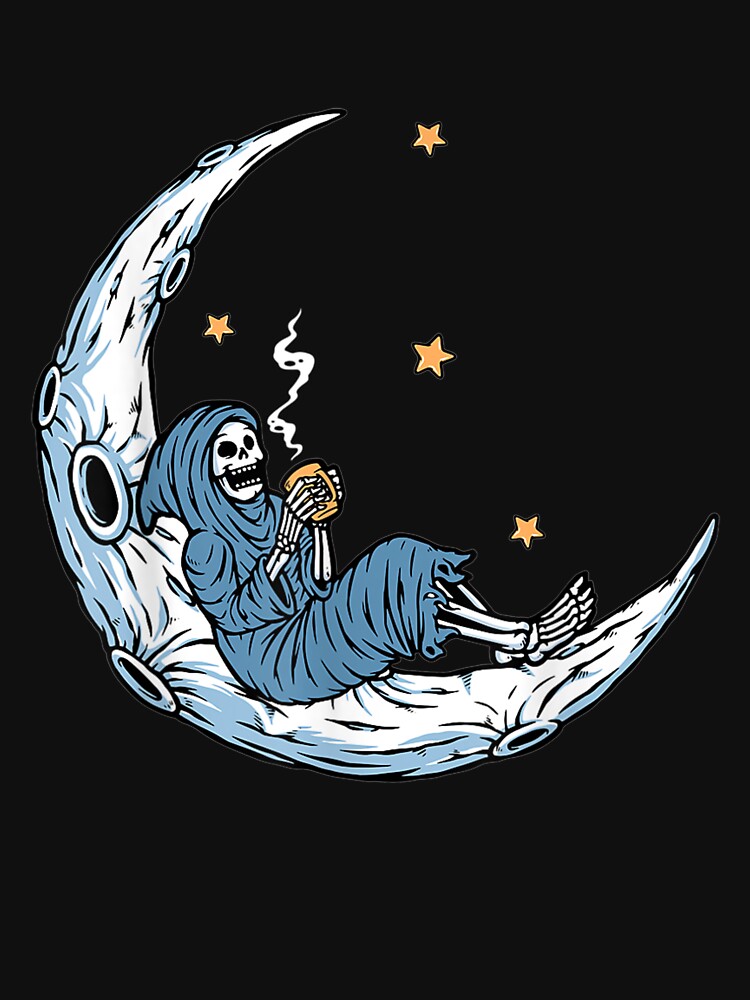 Halloween Coffee Drinking Skeleton Skull Sitting On The Moon by robinxam