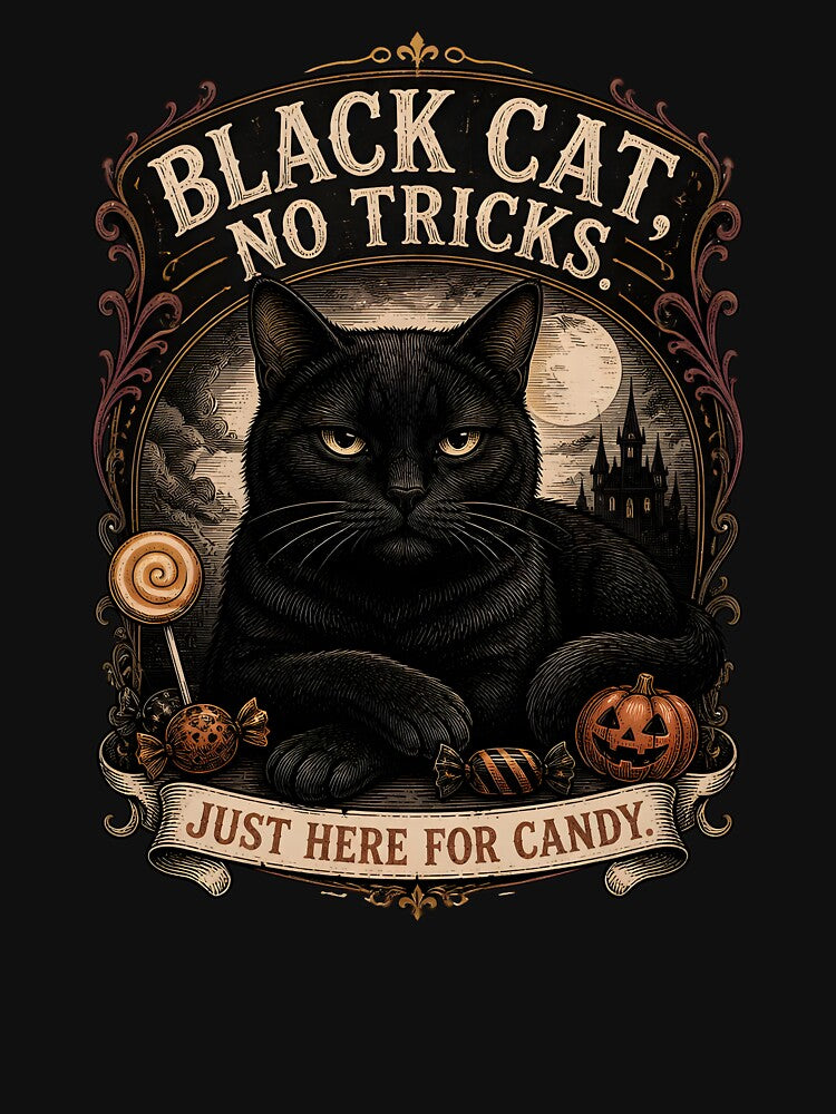 BLACK CAT, NO TRICKS Just Here for Candy Halloween Gothic Engraving by BernoNickel