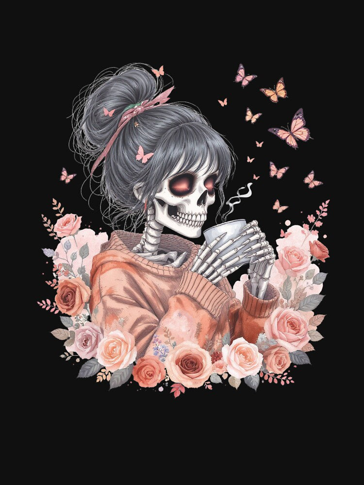 Skeleton Girl Drinking Coffee Cozy Gothic Watercolor Art by ColorSplash123