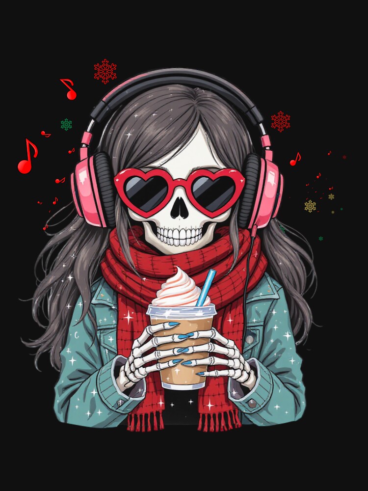 Coffee, Music & Chill Skeleton Girl | Cute Gothic Christmas Art by ColorSplash123
