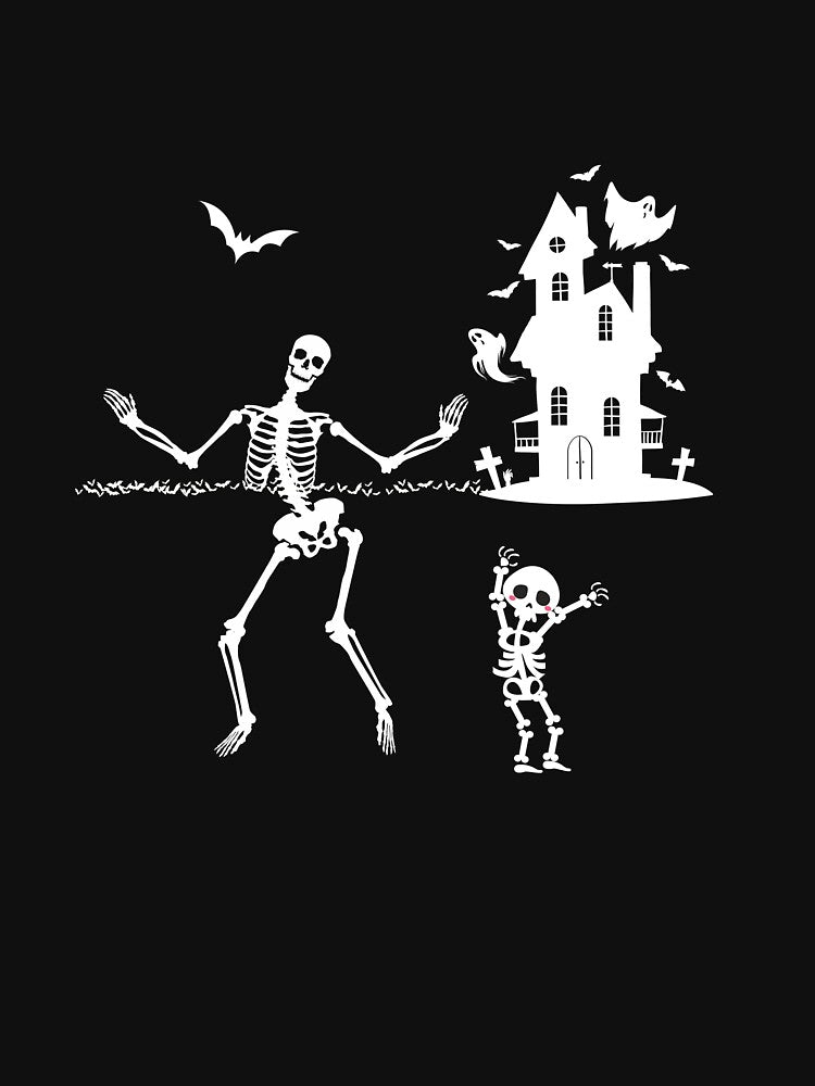 Mom And Baby Skeleton Dancing On Halloween In Front Of Their Spooky Haunted House With Ghosts And Bats by House-Of-Pinto