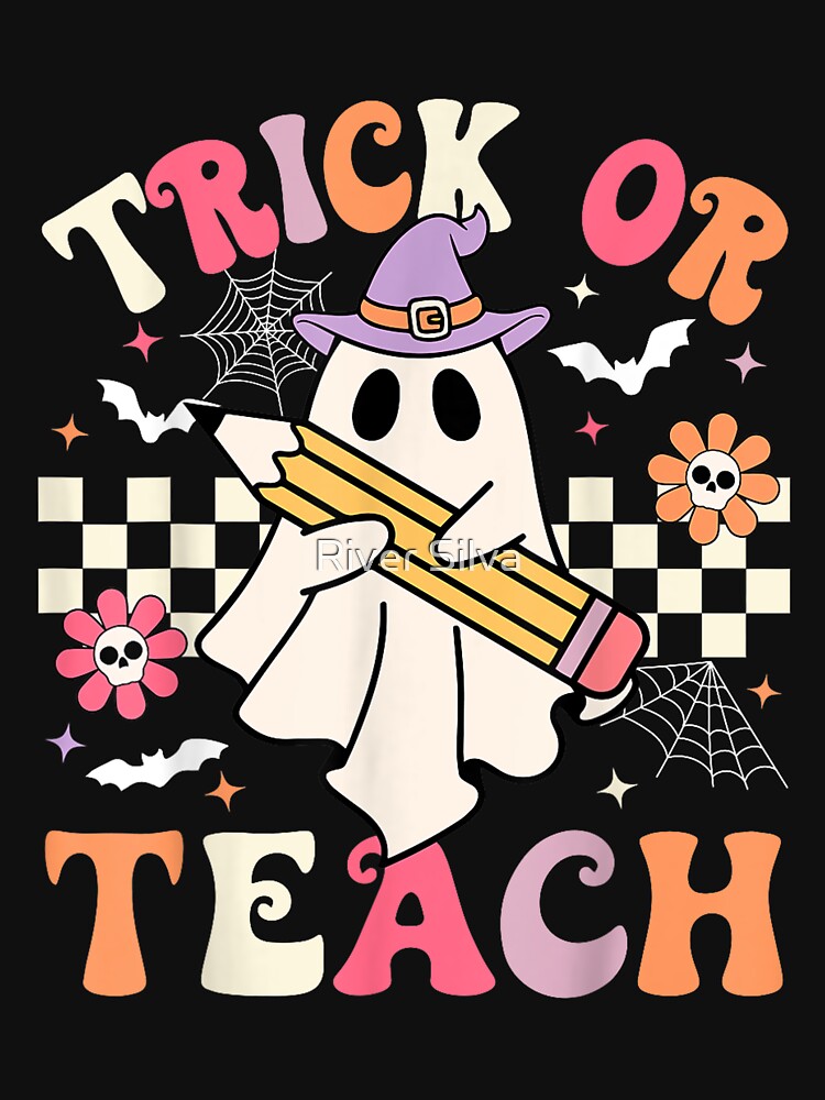 Trick Or Teach Groovy Teacher Halloween Retro Floral Ghost by River Silva