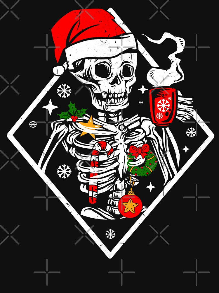 Funny Vintage Christmas Skeleton With Smiling Skull Drinking Coffee Latte Hot Cocoa Lover by GraphifyArt