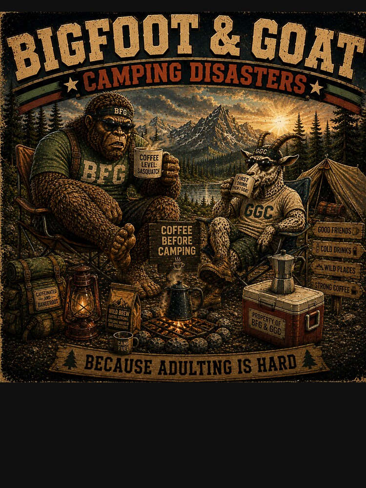 Bigfoot And Goat Coffee Before Camping Funny Outdoor Adventure by NicheBloom