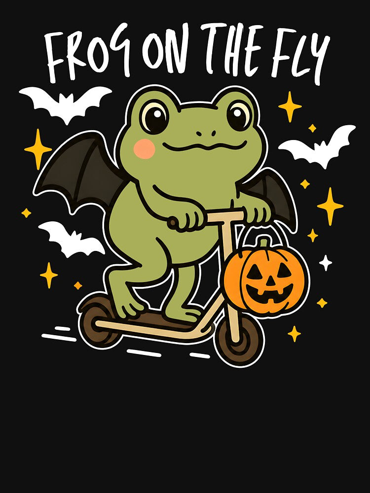 Frog On The Fly Frog Riding A Scooter With Pumpkin Halloween Bats by MarlaMaloneShop