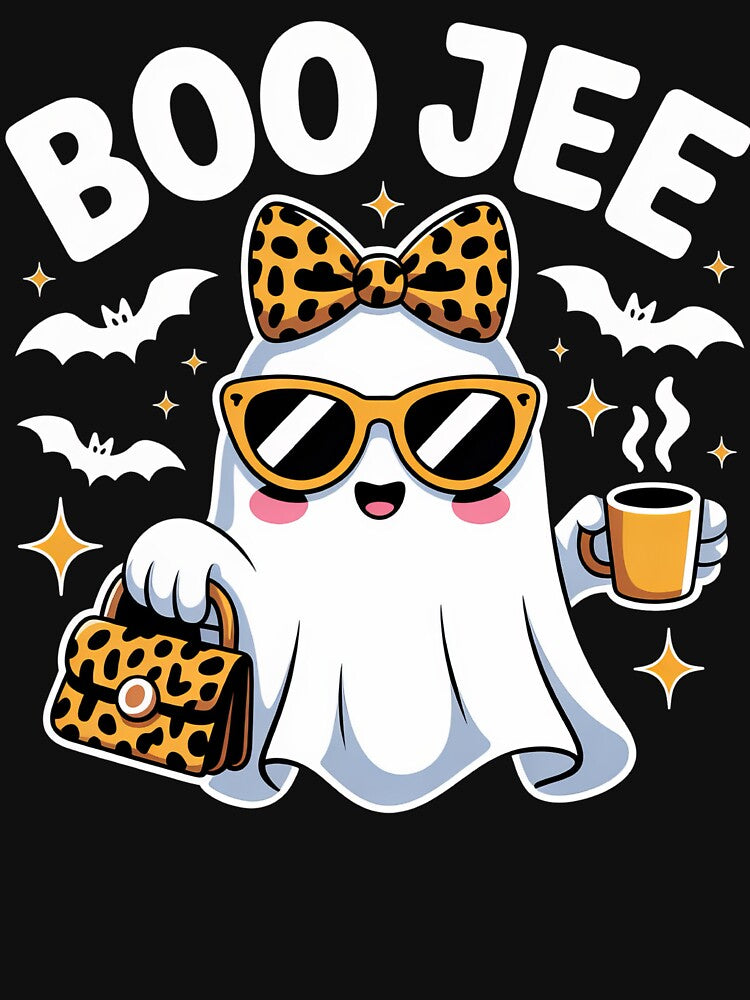 Boo Jee Funny Cute Ghost Leopard Print Halloween Coffee T-Shirt by PosiMCreations