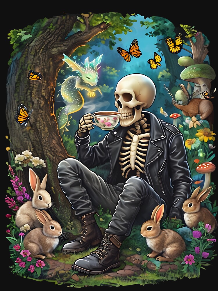 Skeleton enjoys coffee amid tranquil forest animals by PrettyDecor