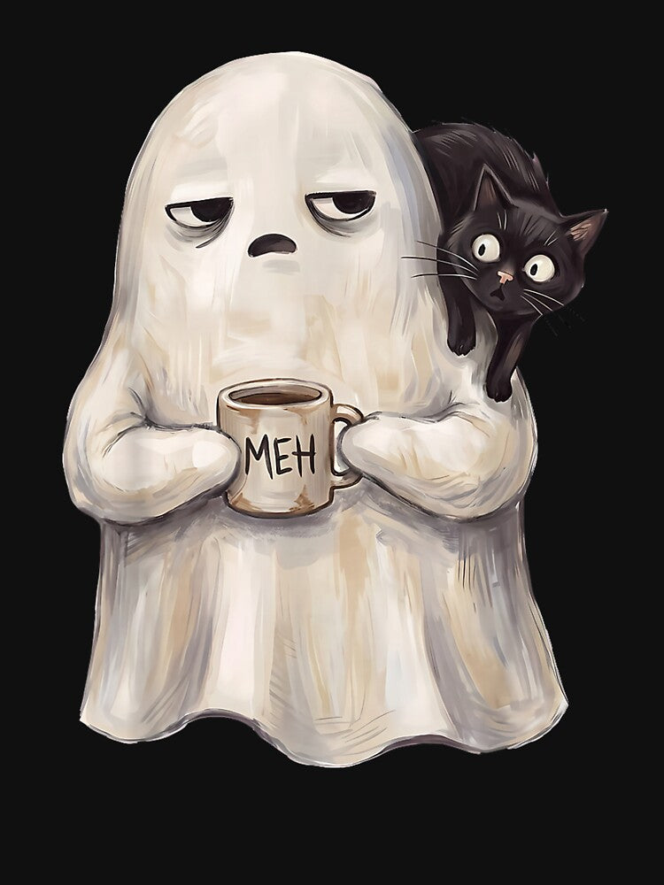 Funny Ghost Cat Coffee Lover Spooky Black Cat Halloween Retro Art by kiralynstration