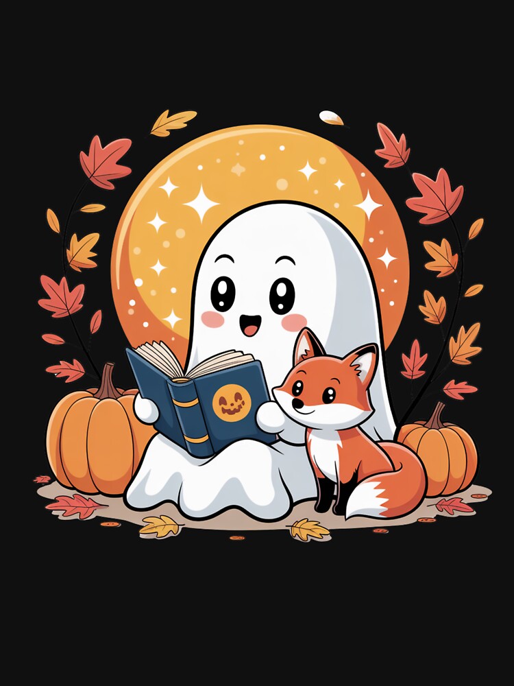 Ghost Reading with Fox | Cute Halloween Kawaii Ghost and Fox Design by ColorSplash123