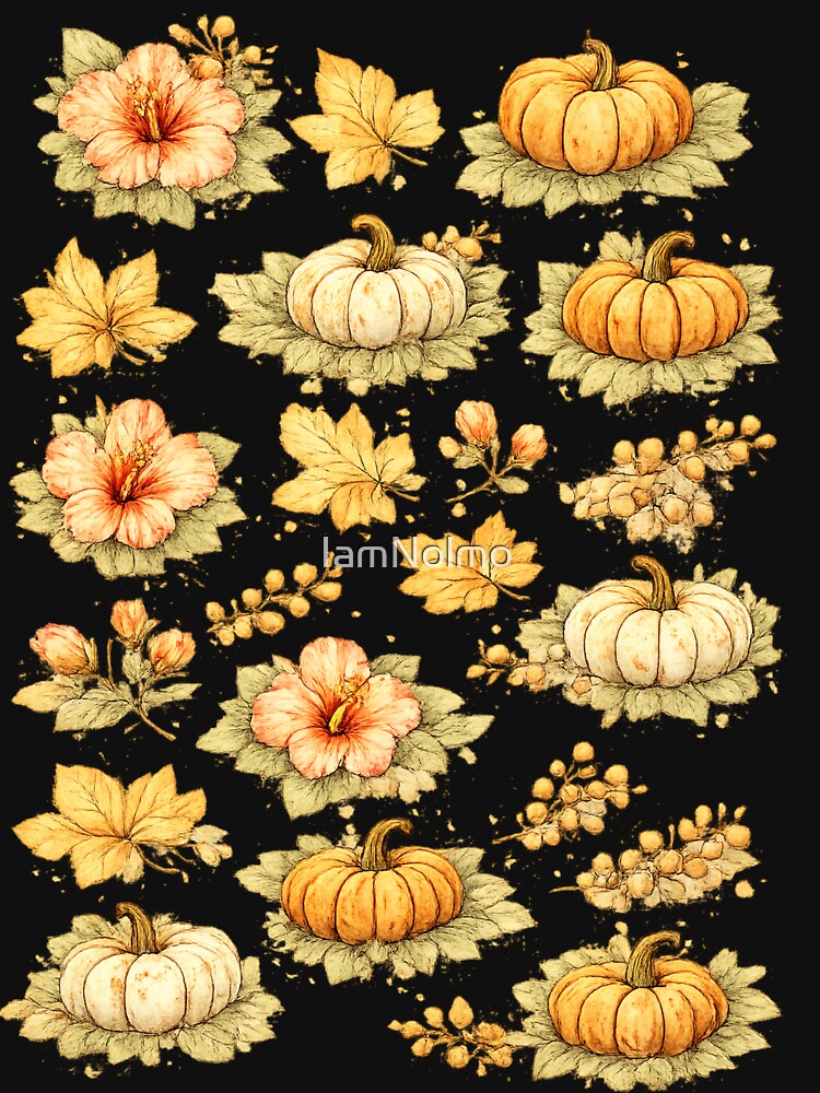 Vintage Autumn Pumpkin Hibiscus Botanical Art by IamNolmo