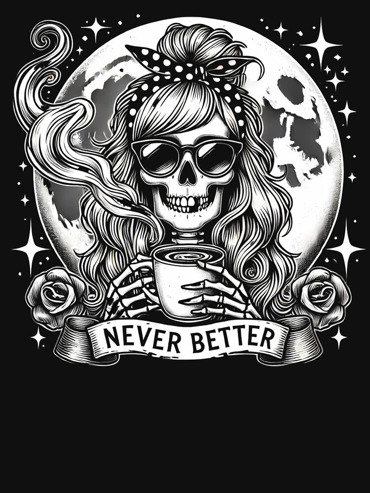 Skeleton Woman Coffee Lover with Moon and Roses Art by Nalin-Design