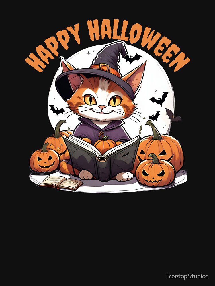 Happy Halloween Funny Cat Reading a Book, 2025 Halloween by TreetopStudios