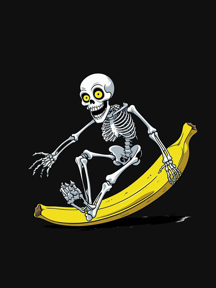 Funny Skeleton Slipping on Banana Peel – Cartoon Humorous Skull Design by ColorSplash123
